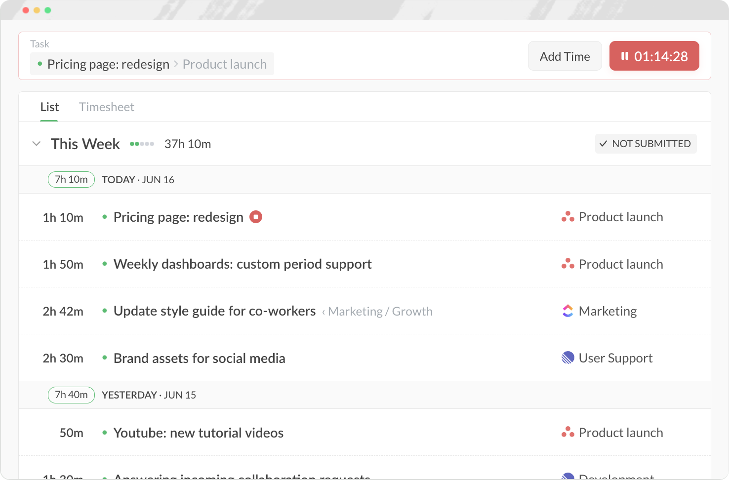 Everhour time tracking — weekly timesheet
