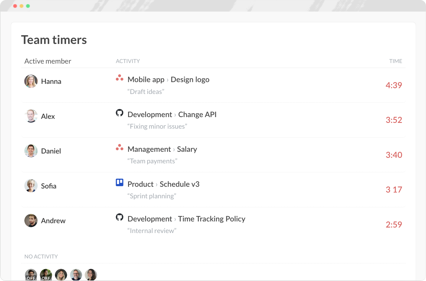 Everhour team timers — live activity