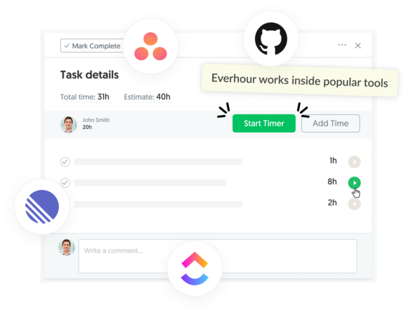 Time tracking controls embedded inside Asana and ClickUp