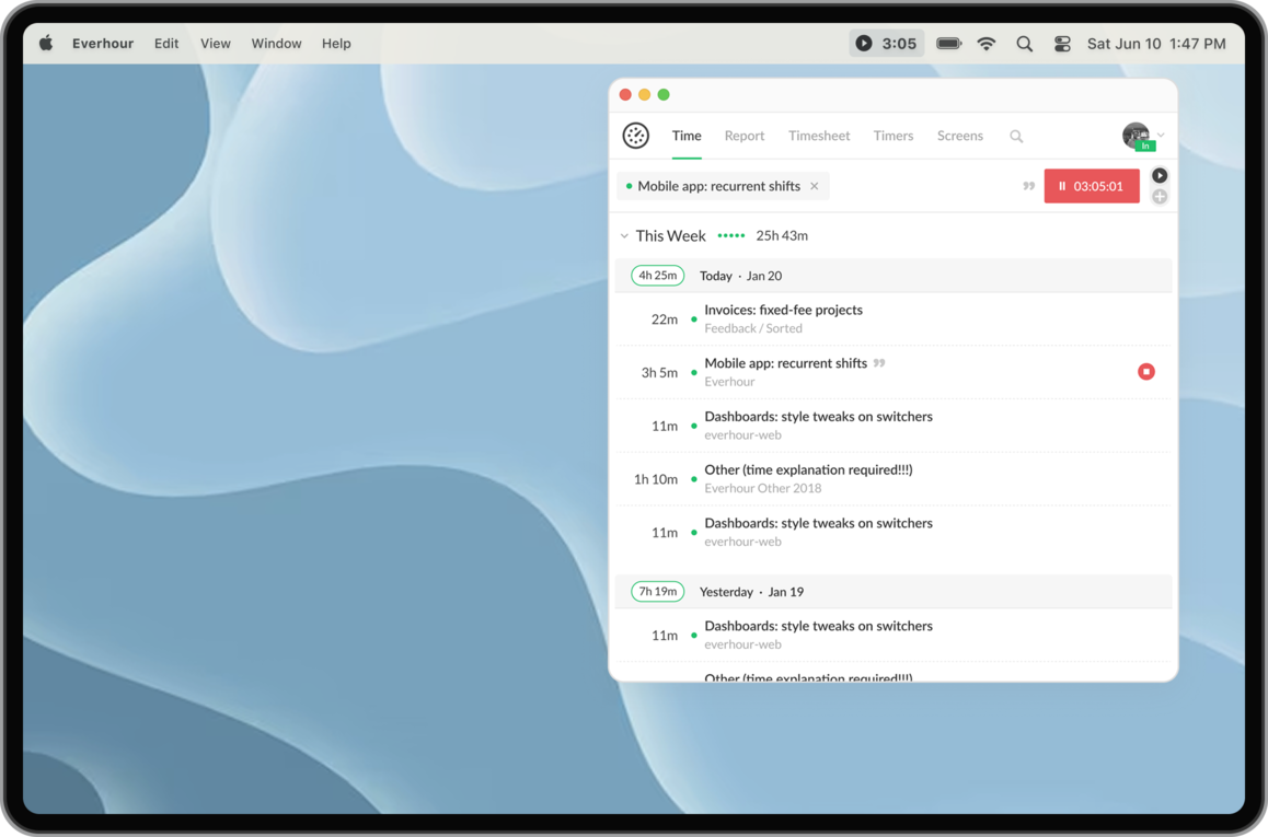 Everhour desktop app on Mac