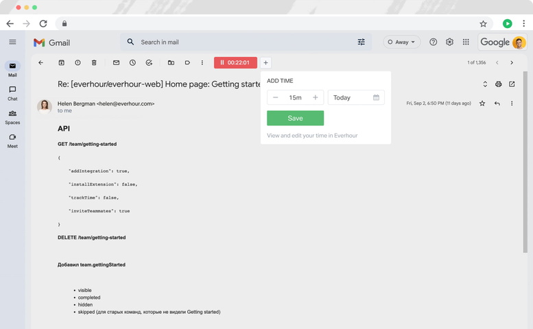everhour gmail time tracking controls
