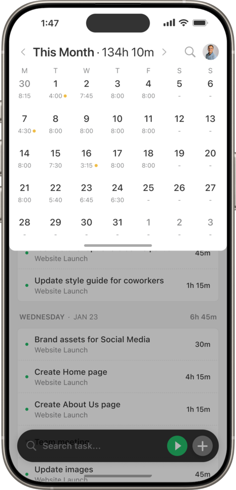 Monthly summary screen