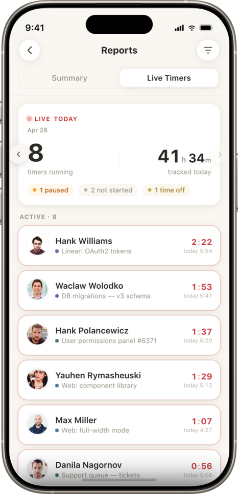Live timers screen