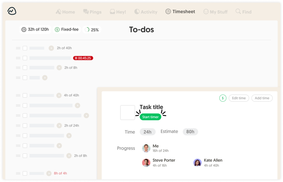 Basecamp time tracking interface with billing and budget controls