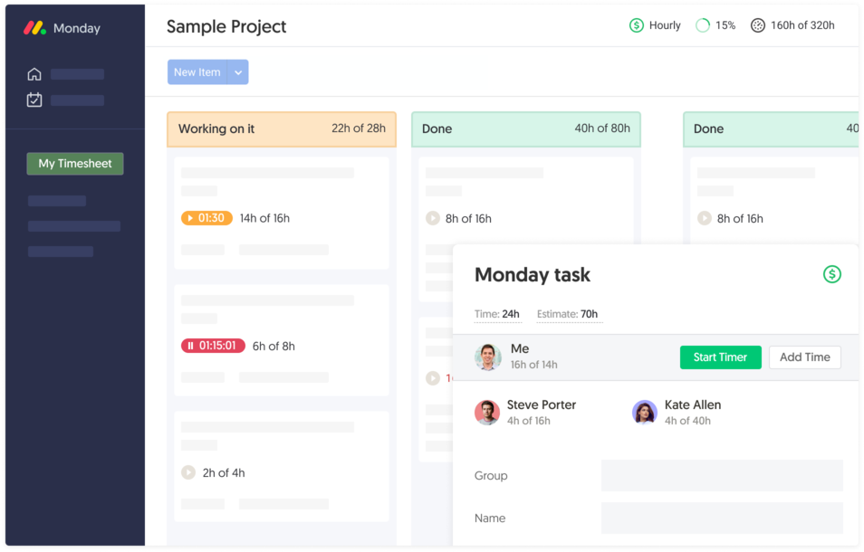 Monday time tracking interface with billing and budget controls