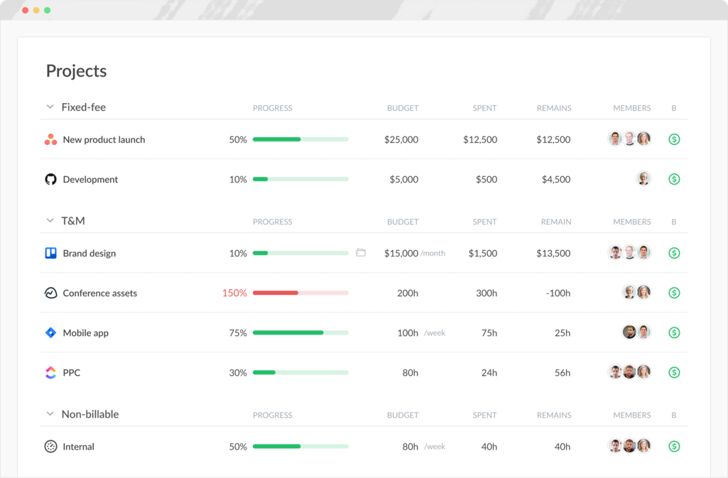 Agency project budget tracking dashboard showing billable hours and budget alerts