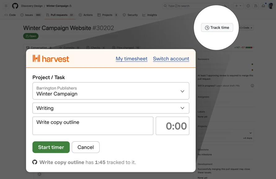 harvest track github integration
