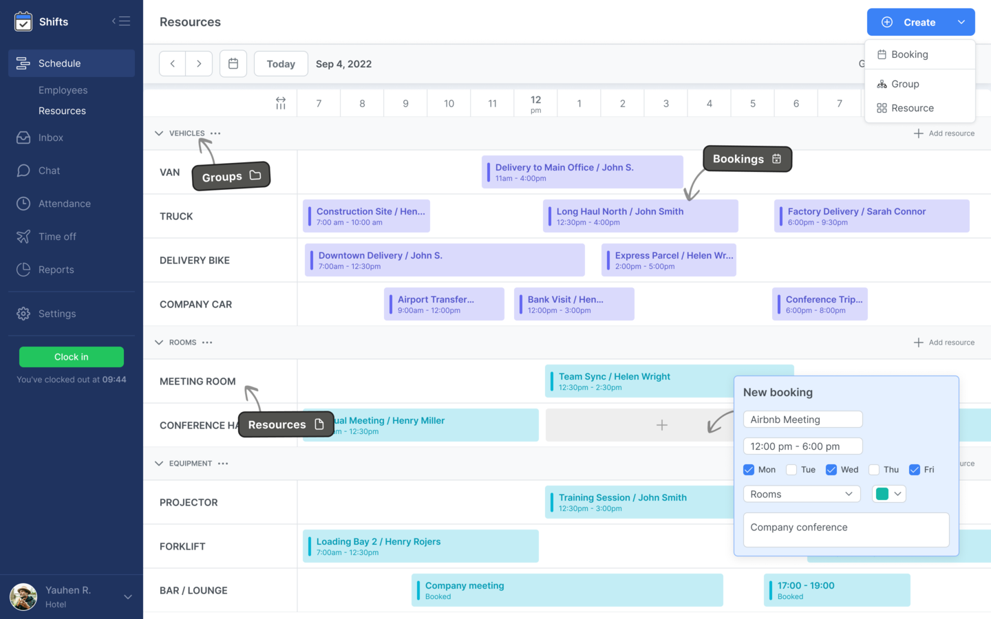 Resource scheduling view with gym, spa, and tennis court bookings